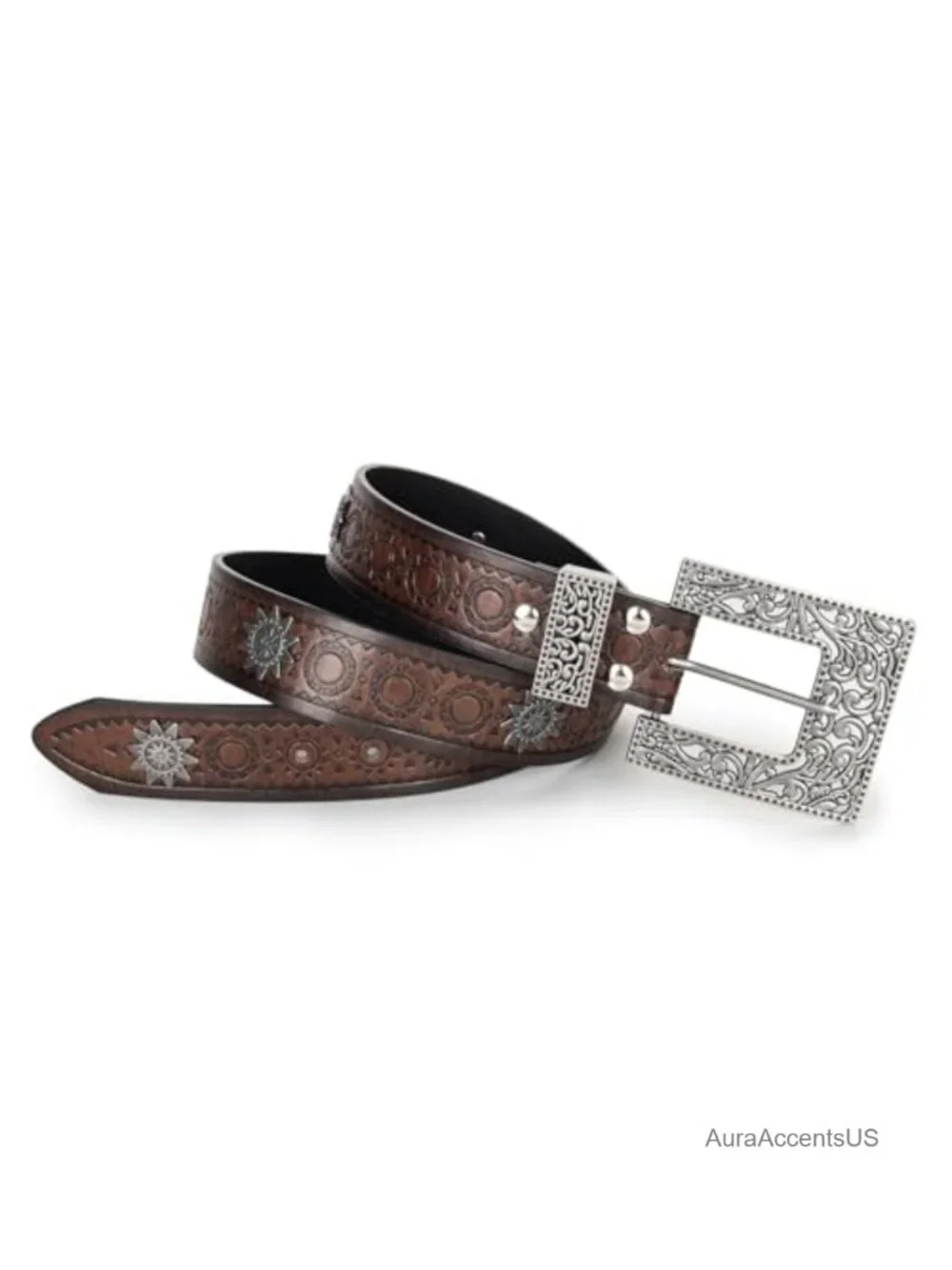 Vintage Faux Leather Western Belt with Hollow Out Flower Embossed PU